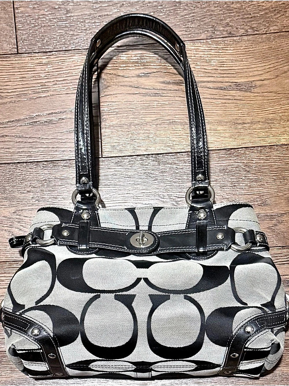 Coach Hampton Signature Satchel Geometric Satchel in Black & White